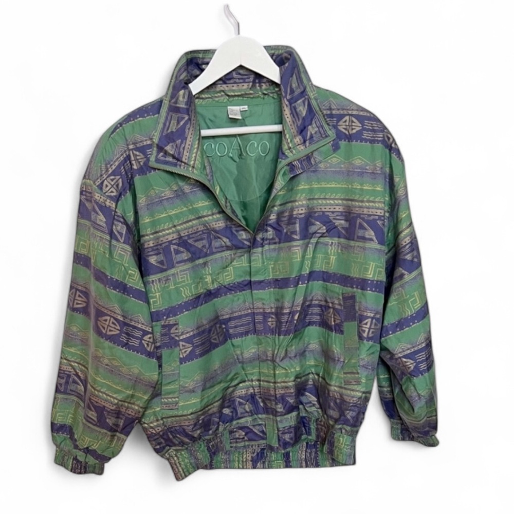 COACO Vintage 80s 90s 100% Silk Bomber Jacket Aztec Emerald Green Violet Gold PL